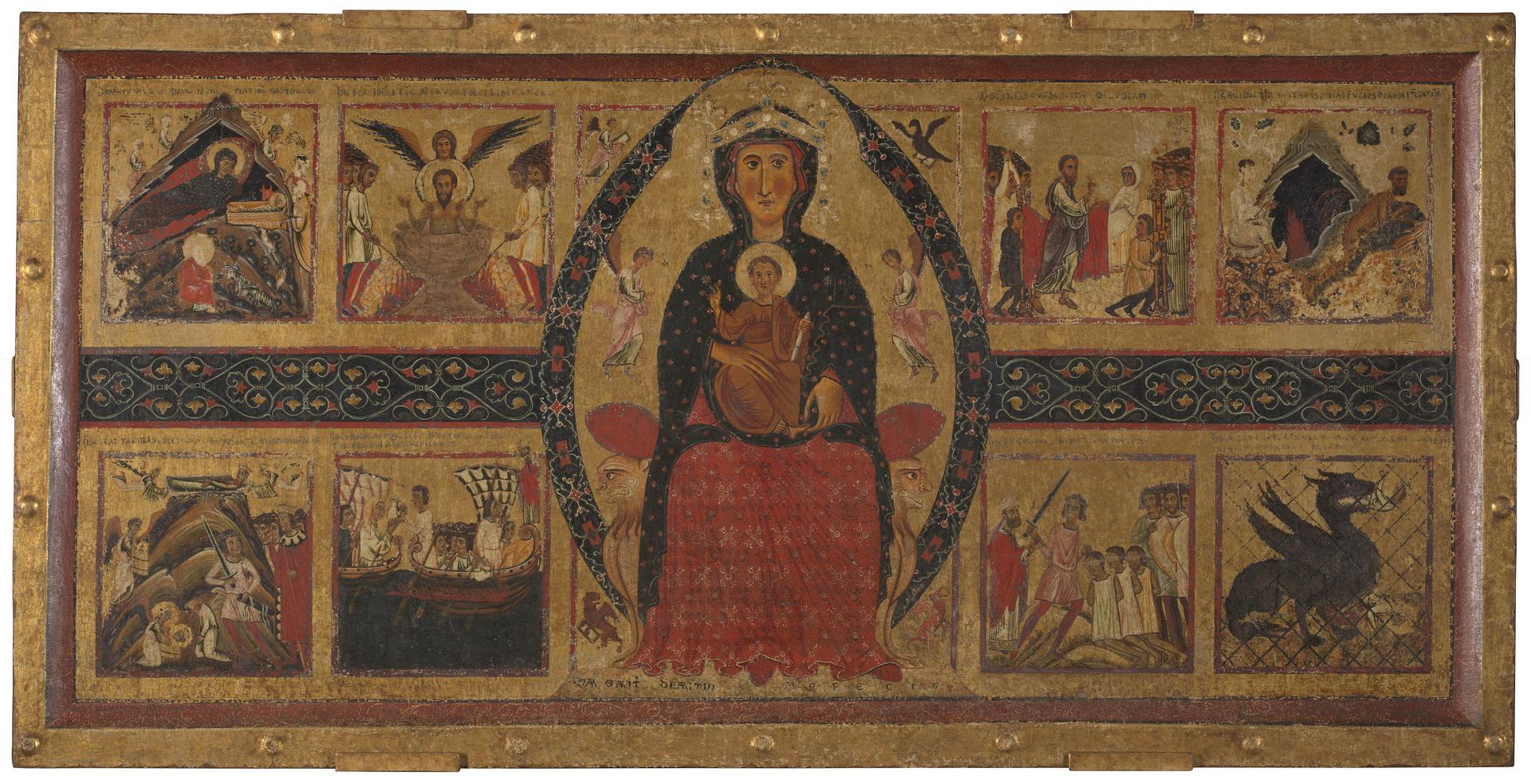 La Vierge et l'Enfant en Majesté, entourés de scènes de la Nativité et de la vie des saints